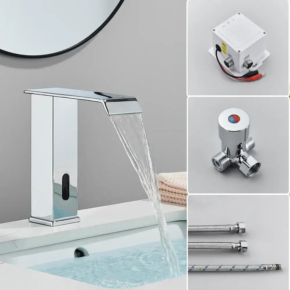 Modern chrome basin faucet with sleek rectangular design and smooth reflective finish for automatic sensor waterfall use
