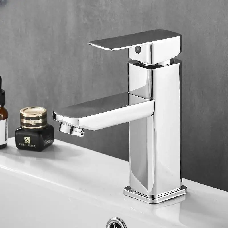 Modern chrome finished single handle basin faucet with sleek rectangular design ideal for decorbites black basin use