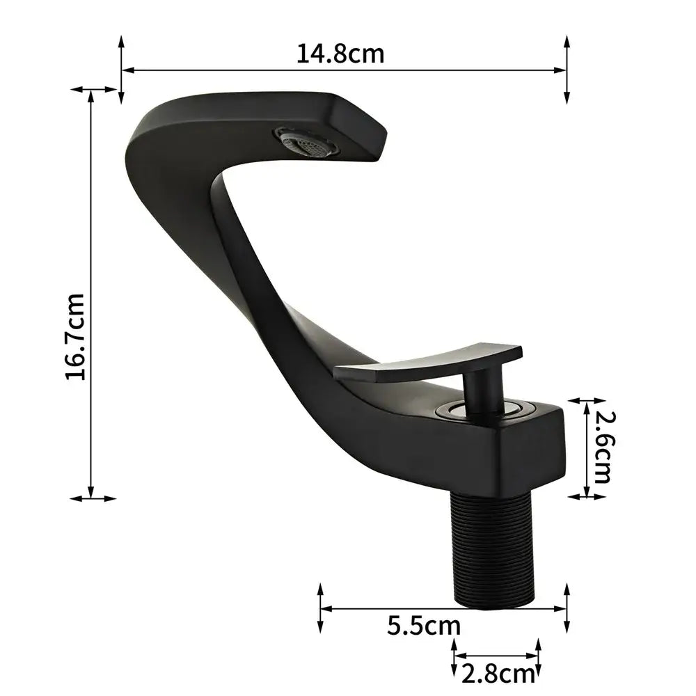 Modern matte black basin faucet with black matte finish, sleek curved design, and brushed metal accents for bathroom use