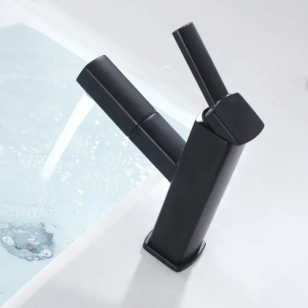 Modern matte black basin faucet with angular design and dual handles decorbites black basin faucet for bathroom use