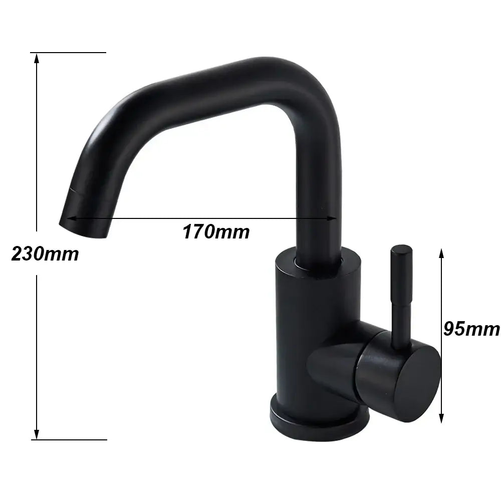 Modern matte black basin faucet with a rotatable sleek curved spout and cylindrical base by decorbites black basin faucet