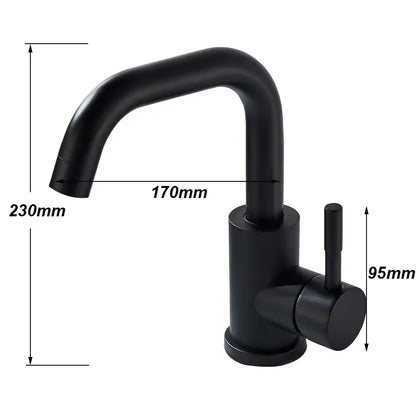 Modern matte black basin faucet with a rotatable sleek curved spout and cylindrical base by decorbites black basin faucet