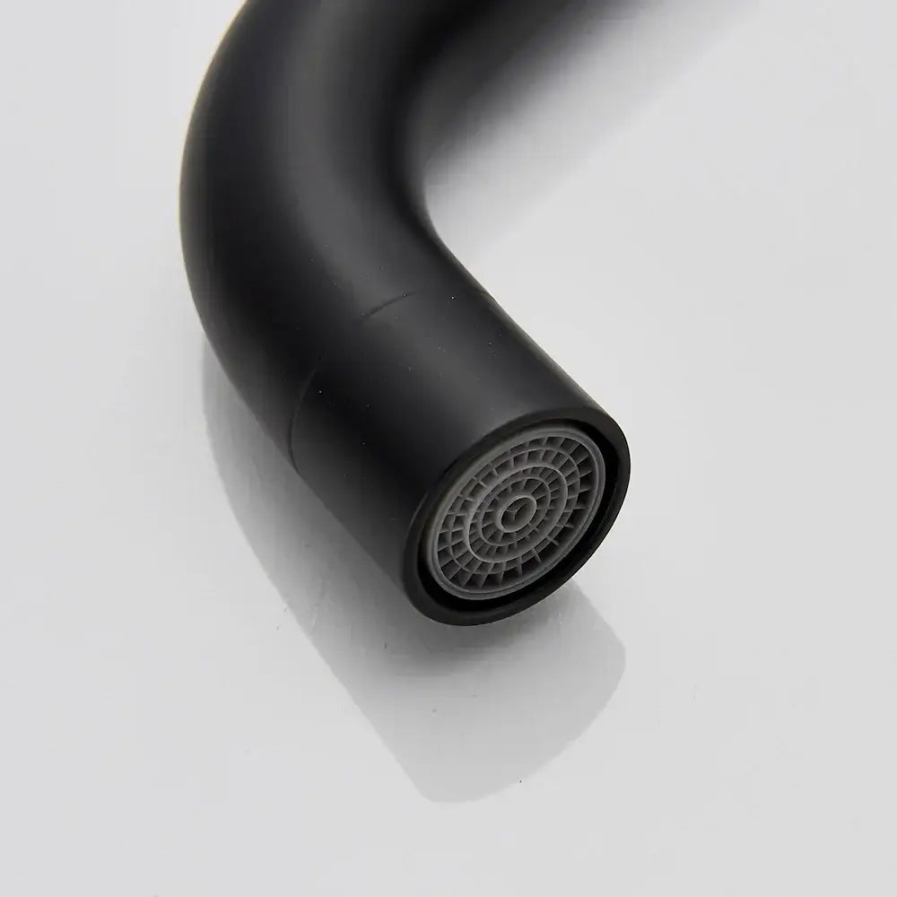 Modern matte black basin faucet with curved spout and circular textured spray head for decorbites black basin use