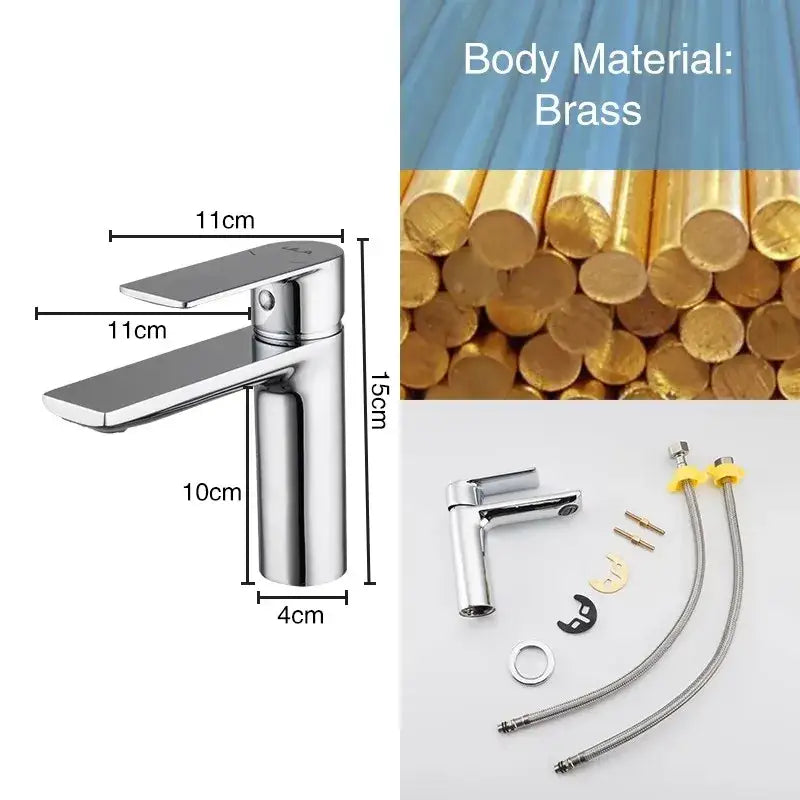 Modern chrome-finished basin faucet with ceramic valve core brass body in short tap styles for bathroom use