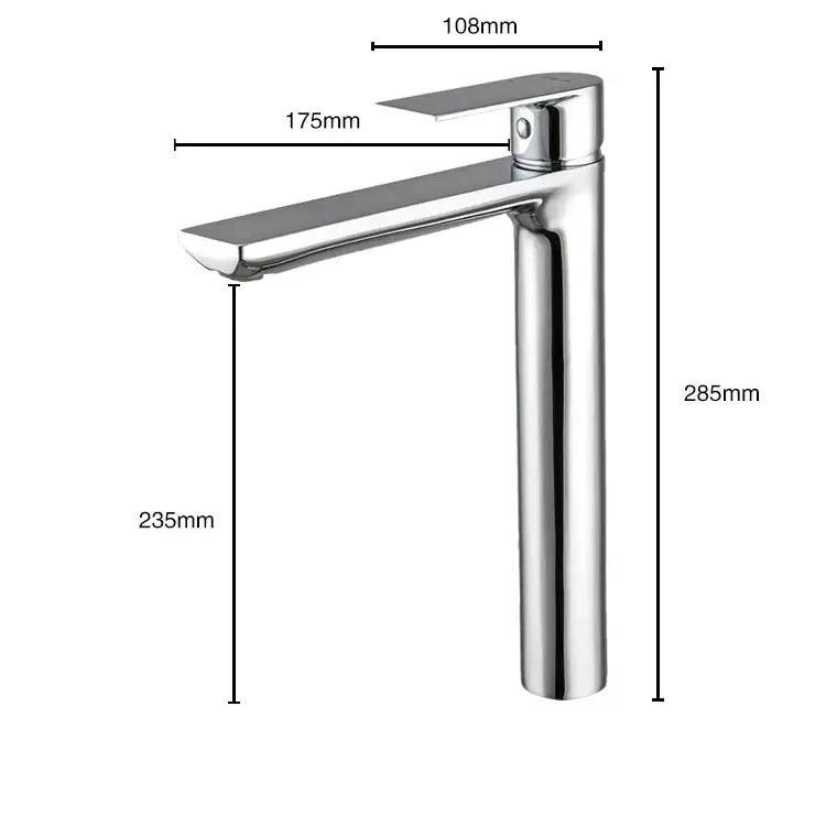 Modern chrome-finished tall basin faucet with ceramic valve core and precise markings for short tap styles in bathrooms