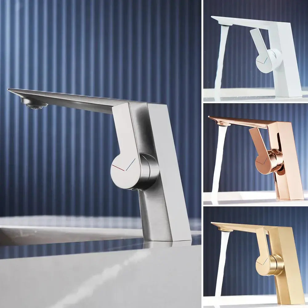 Modern matte black basin faucet with single handle mixer tap featuring sleek angular design in silver rose gold or brass