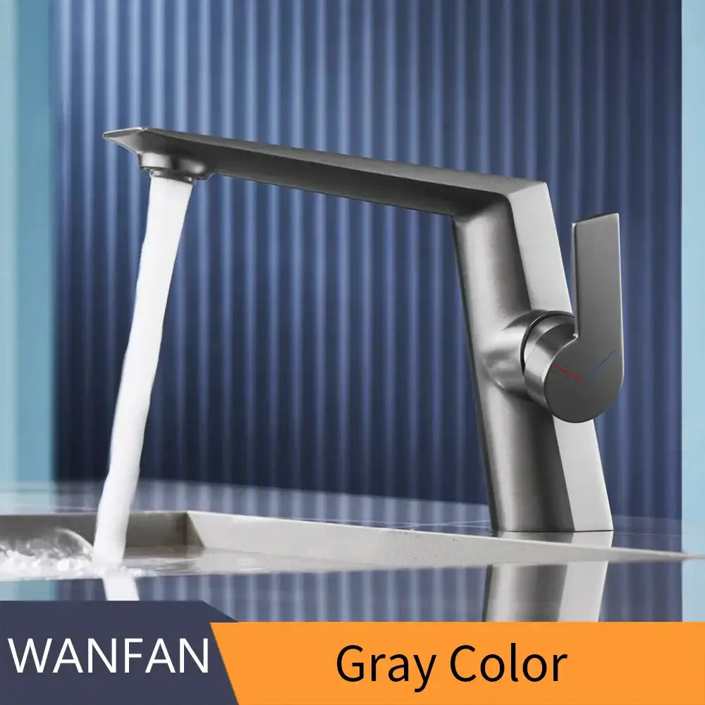 Gray metallic basin faucet with modern angular design and single lever handle for decorbites black basin faucet use