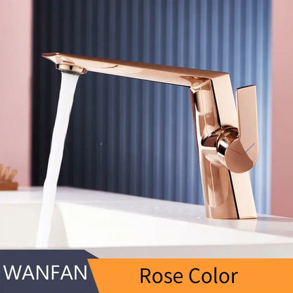 Modern matte black basin faucet with rose-colored rose gold finish and sleek single handle mixer tap design