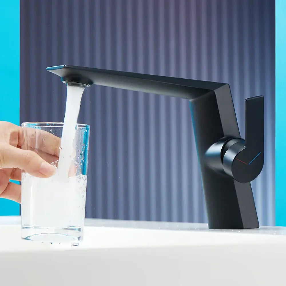 Modern matte black basin faucet with sleek angular design and single handle decorbites black basin faucet for bathroom use