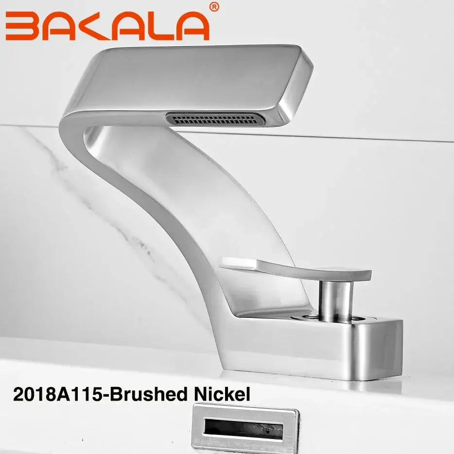 Modern matte black basin faucet with brushed nickel finish, sleek curved design, and integrated spray head for bathroom use