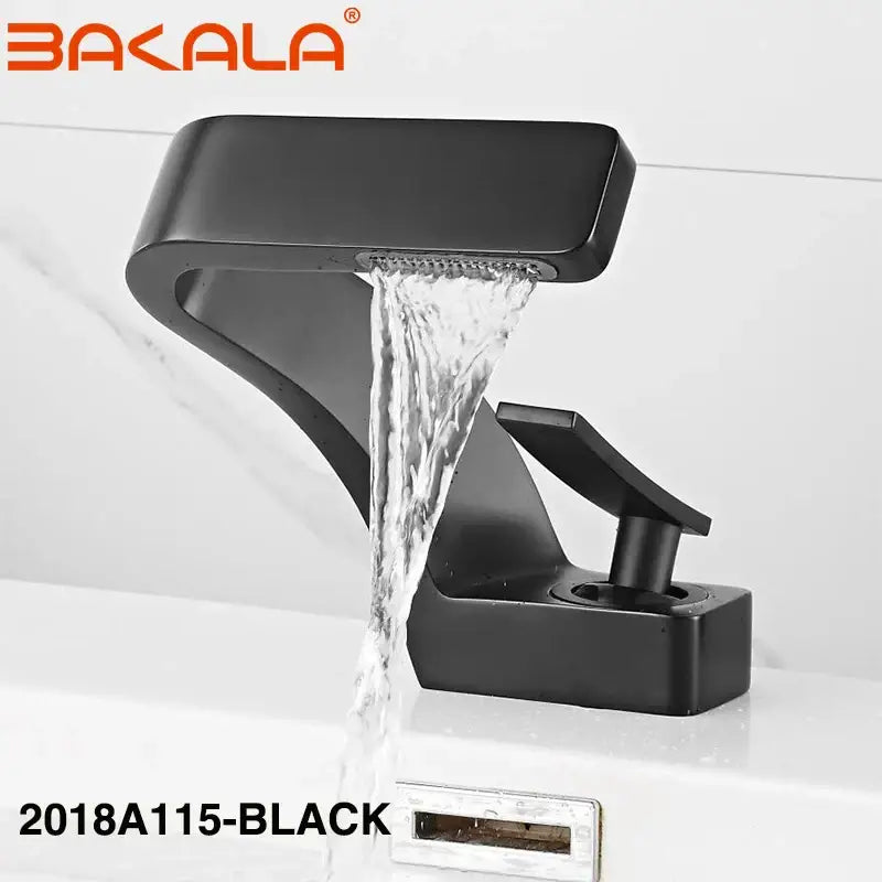 Modern matte black basin faucet with bakala finish, angular design, and waterfall spout for bathroom use