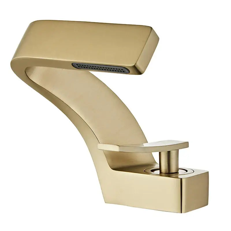 Modern gold-toned basin faucet with sleek angular design and integrated spray head for bathroom use