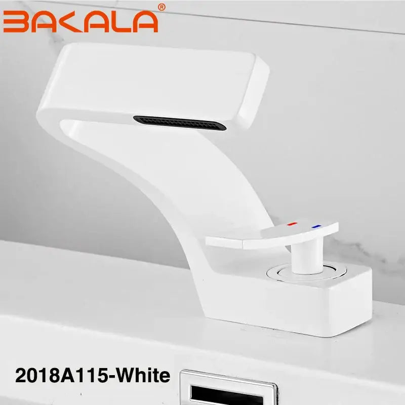 Modern matte black basin faucet with sleek curved design and dual-color indicator lights for bathroom use