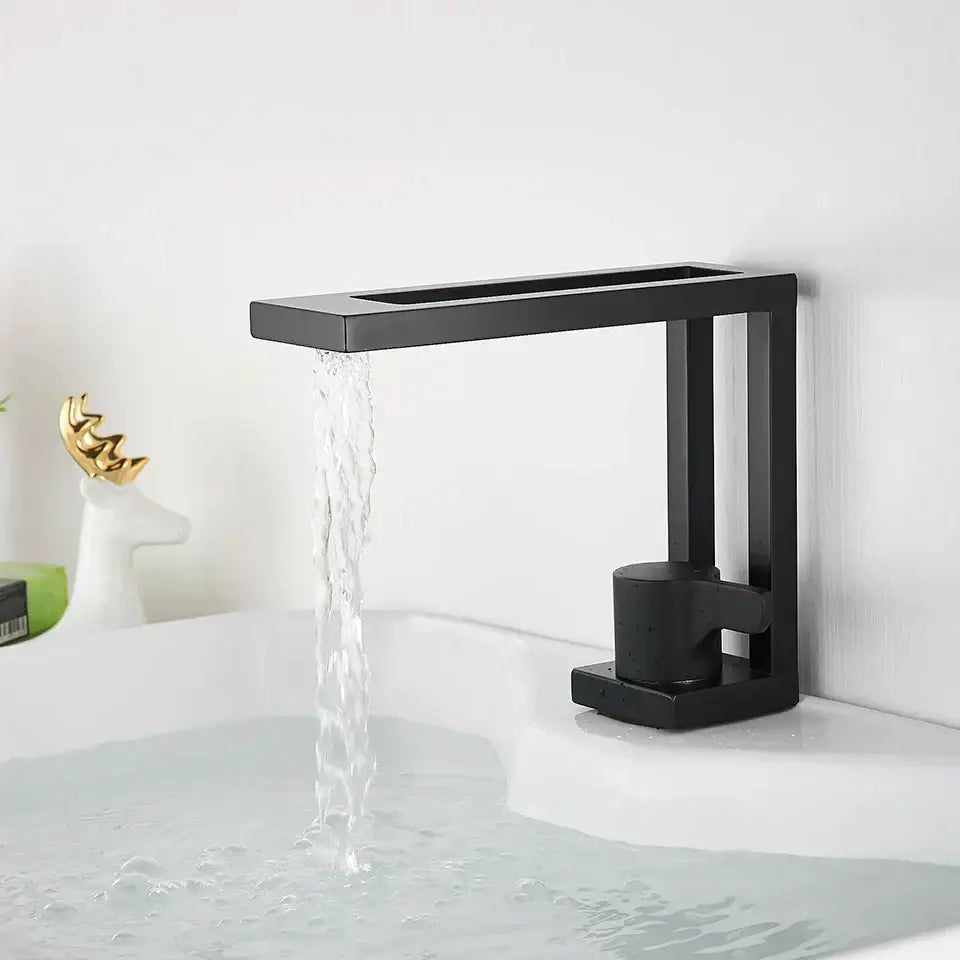 Modern matte black basin faucet with rectangular spout and waterfall design for bathroom vessel sink decorbites black basin