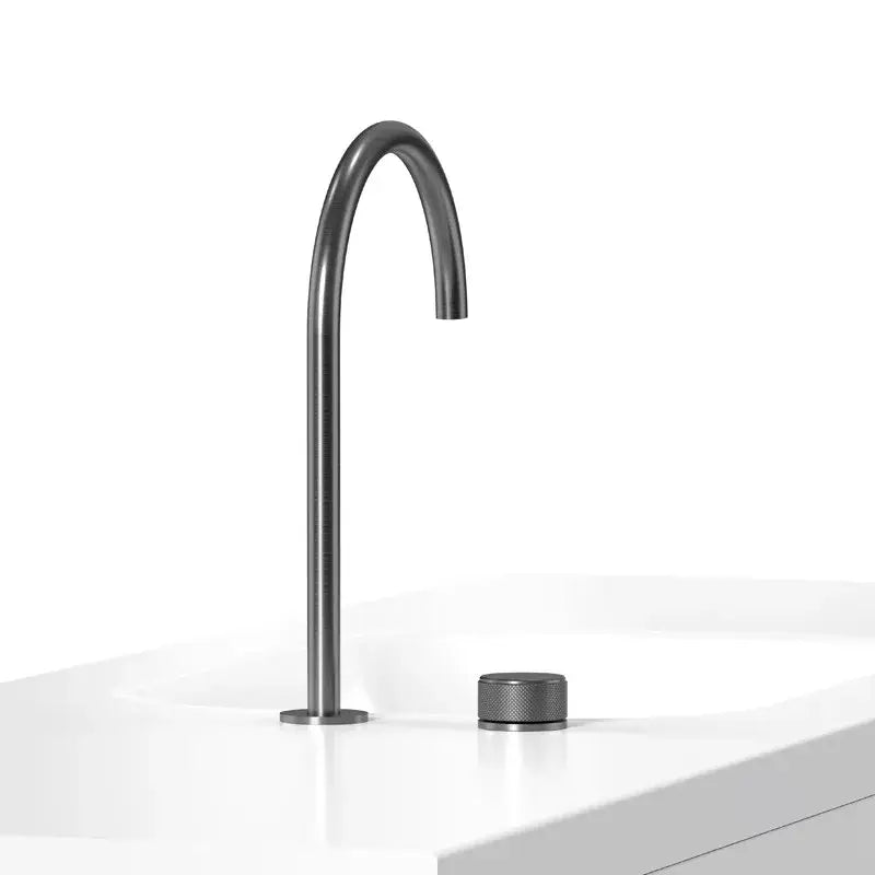 Modern matte black basin faucet with a sleek curved spout and textured cylindrical base for bathroom sinks by decorbites