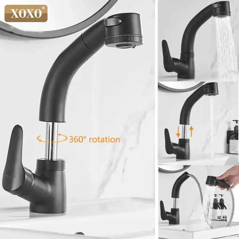 Modern matte black basin faucet by decorbites with black basin faucet design featuring 360-degree rotation and pull out spray