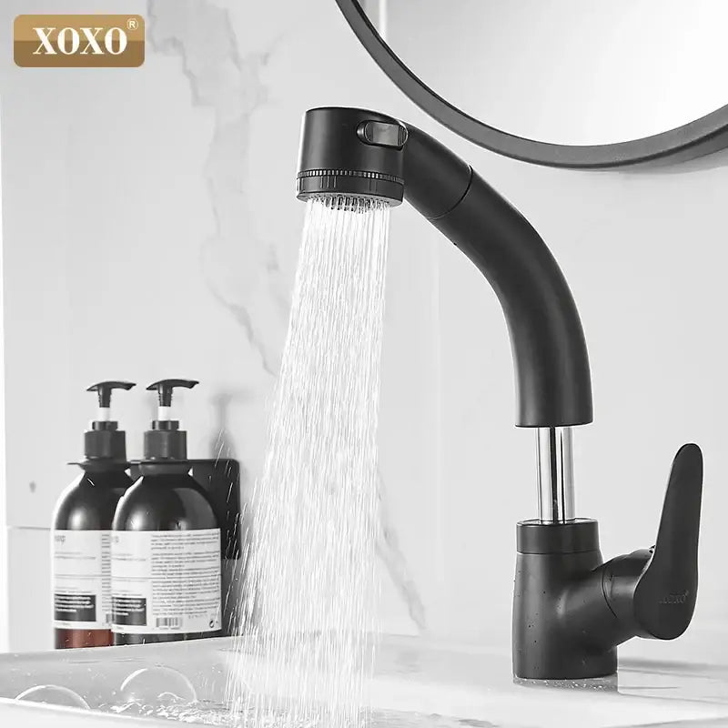 Modern matte black basin faucet with pull out spray mixer tap featuring decorbites black basin finish and sleek design