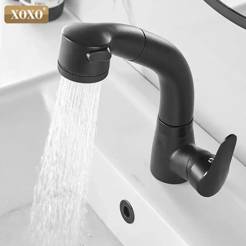 Modern matte black decorbites black basin faucet with pull-down spray head and single lever handle for kitchen use