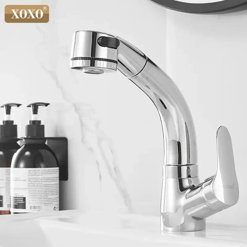 Shiny chrome xoxo brand kitchen faucet with sleek curved spout and pull-down spray head for decorbites black basin use