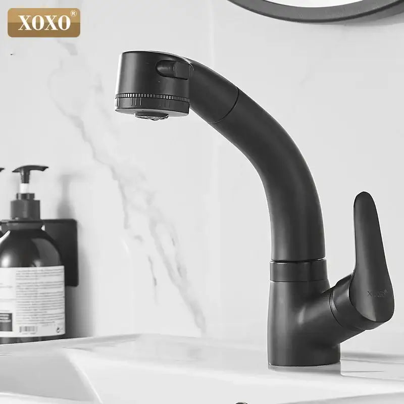Modern matte black basin faucet by decorbites featuring black basin faucet with curved pull-down spray head design