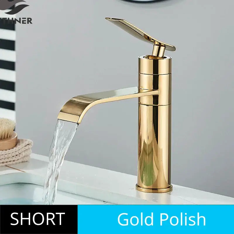 Gold-polished modern basin faucet mixer with sleek cylindrical body and curved spout for bathroom decorbites basin faucet