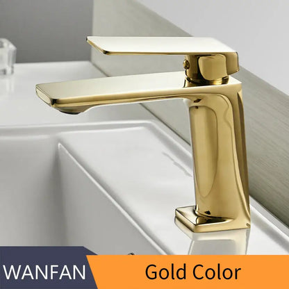 Gold-colored modern rectangular basin faucet mixer tap with sleek metallic finish for bathroom angular design