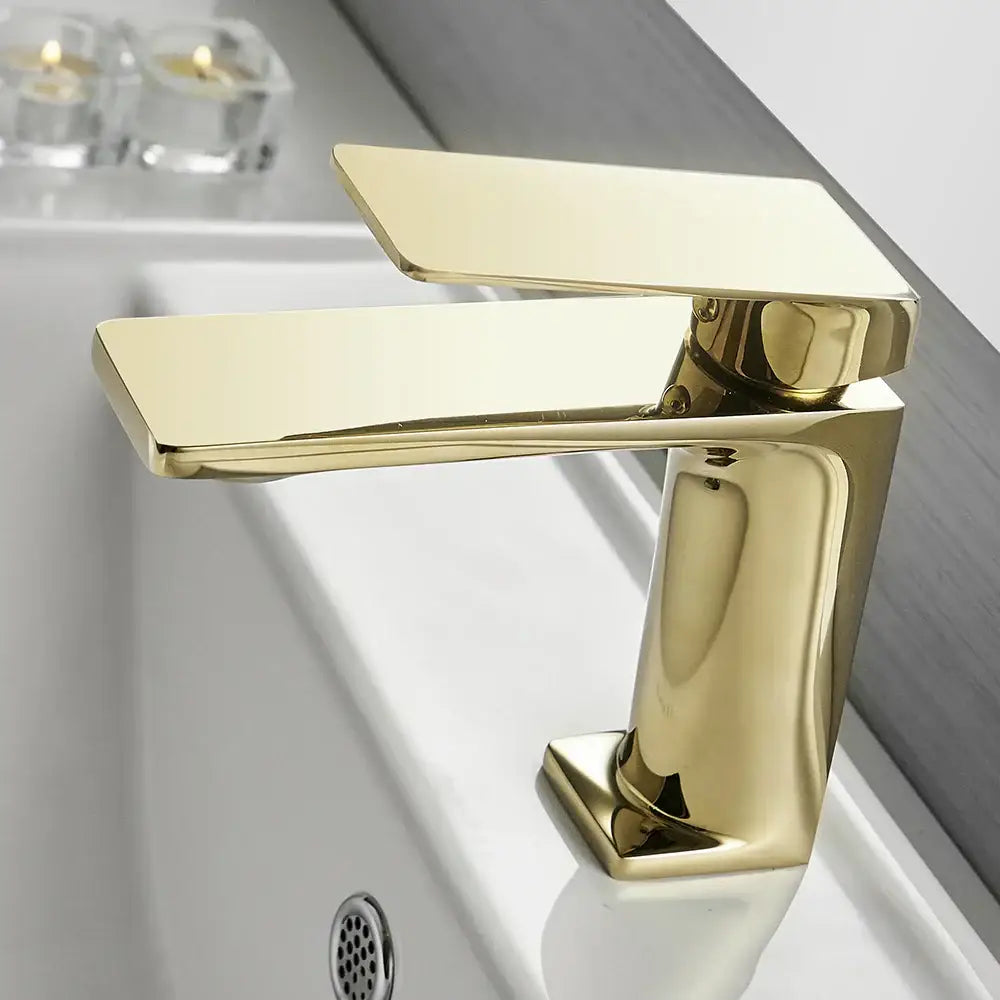 Gold-colored modern rectangular basin faucet mixer tap with sleek metallic finish for bathroom angular design