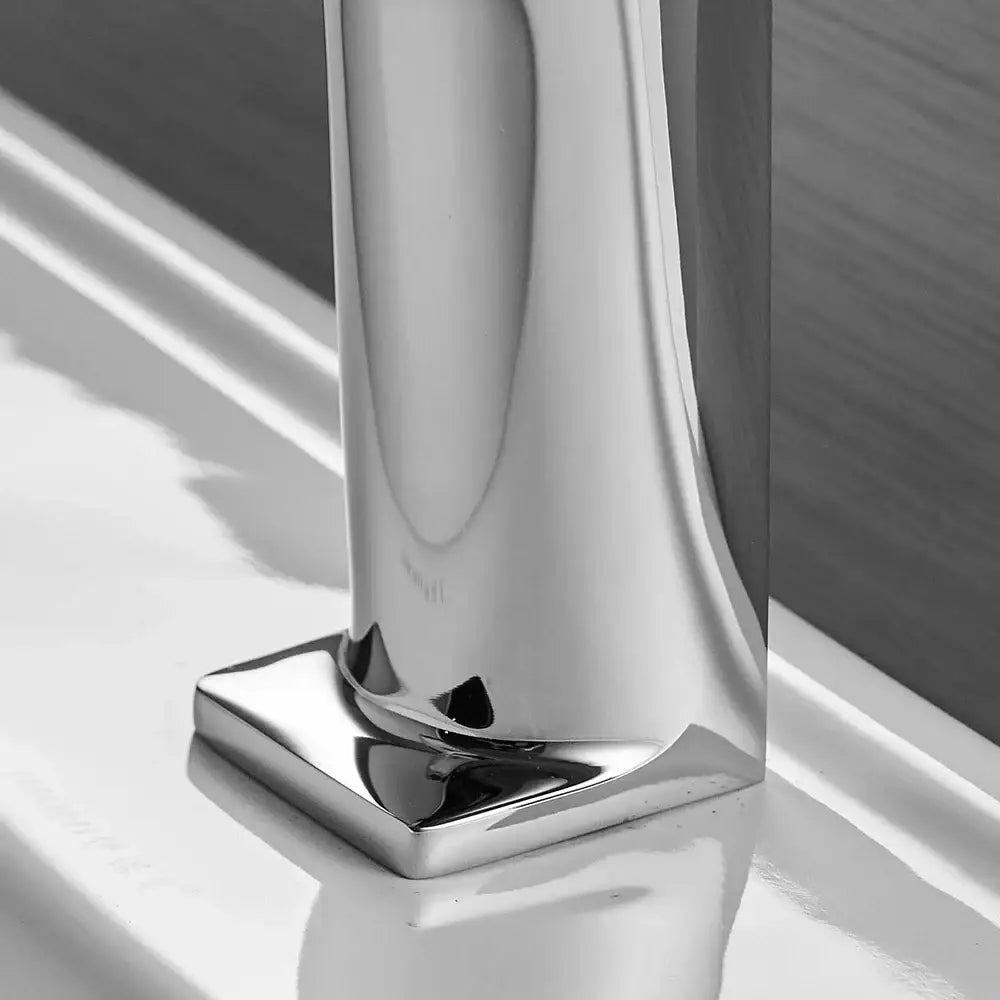 Chrome-finished modern basin faucet mixer tap with sleek tall spout and square base for bathroom use