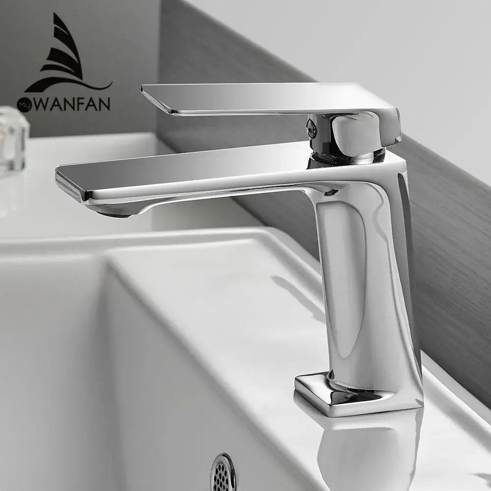 Chrome finished modern basin faucet mixer tap with sleek rectangular spout and square base for bathroom use