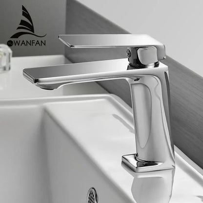 Chrome finished modern basin faucet mixer tap with sleek rectangular spout and square base for bathroom use