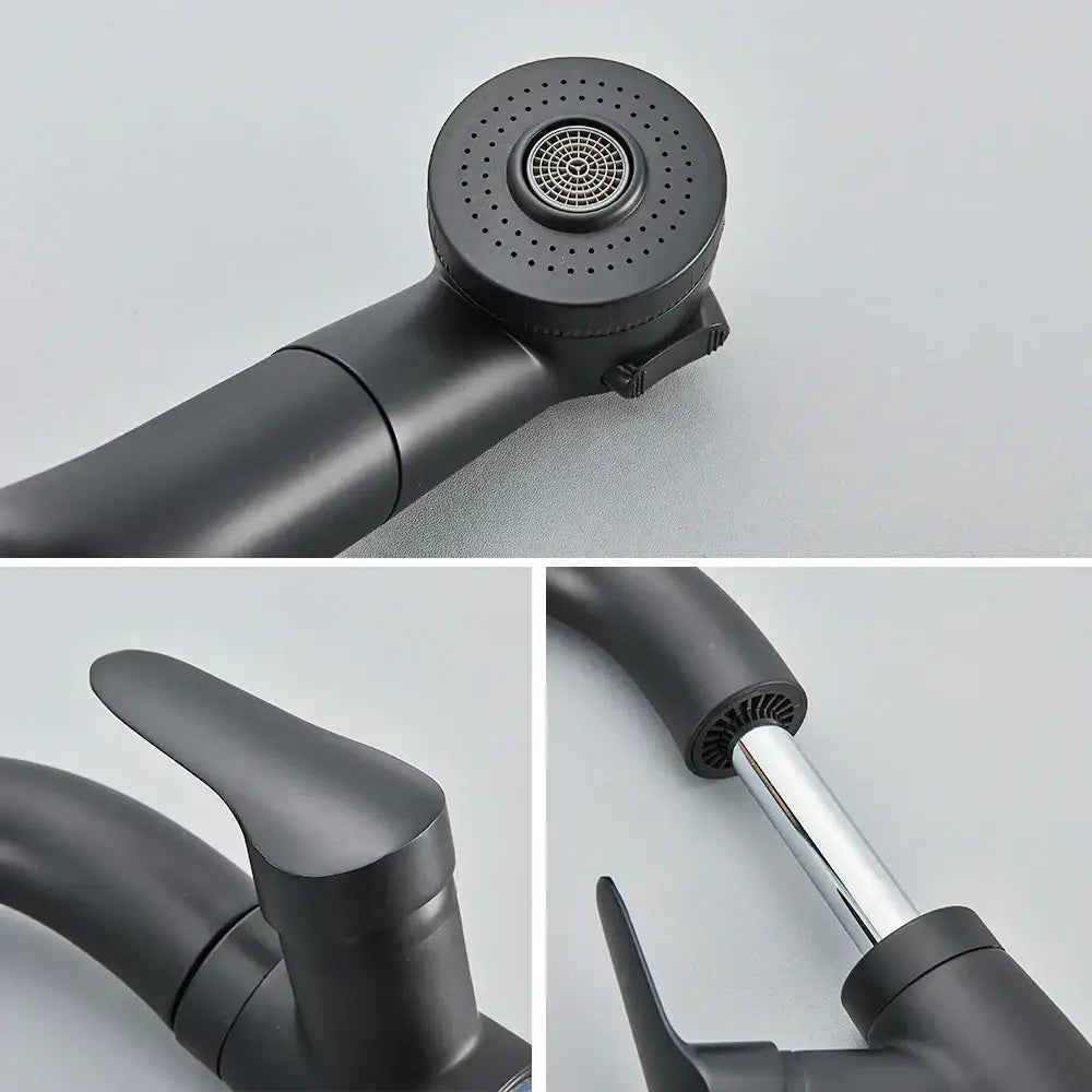 Modern matte black basin faucet with chrome accents and detachable spray head for kitchen decorbites black basin use