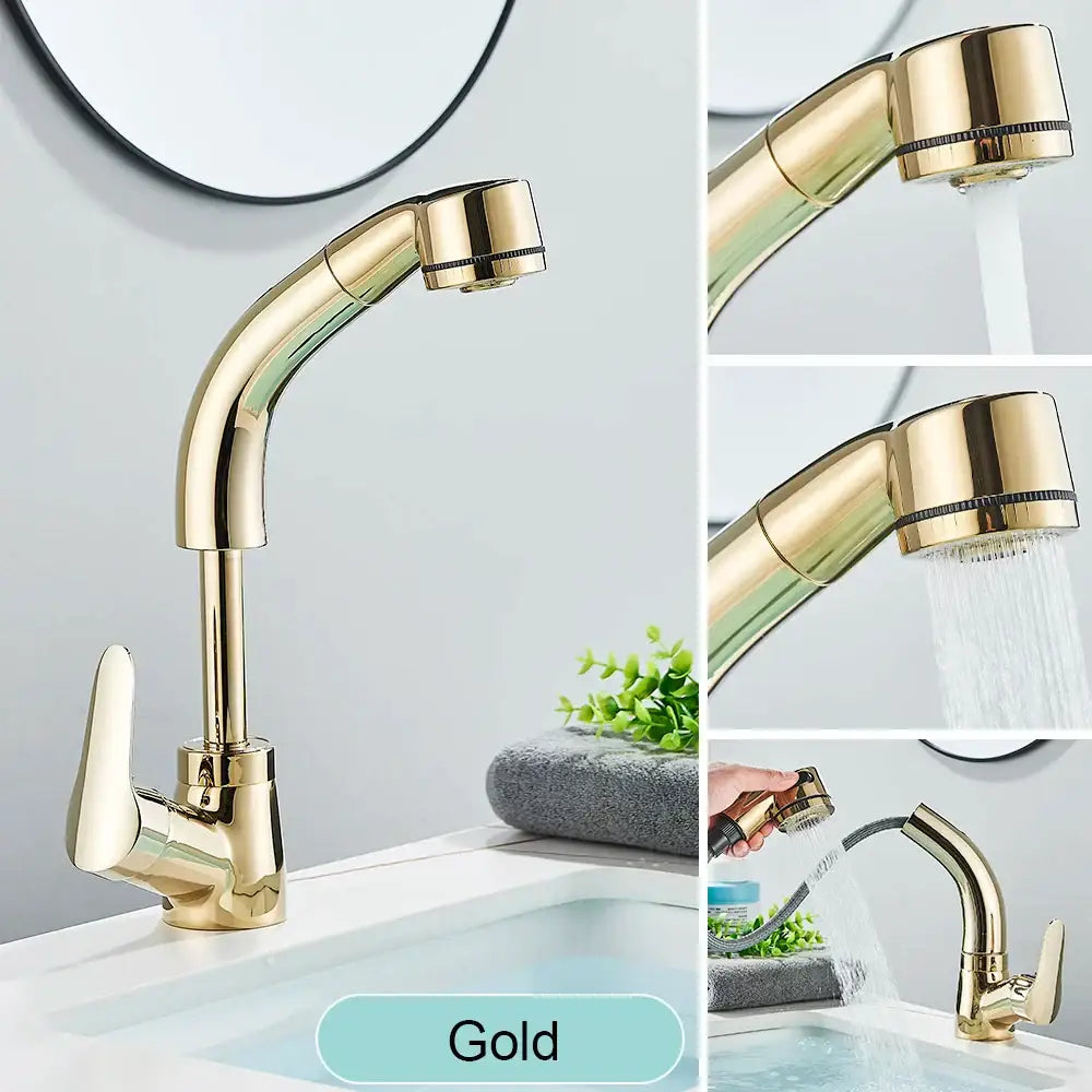 Gold-colored sleek modern basin faucet with pull-down spray head complementing decorbites black basin faucet design