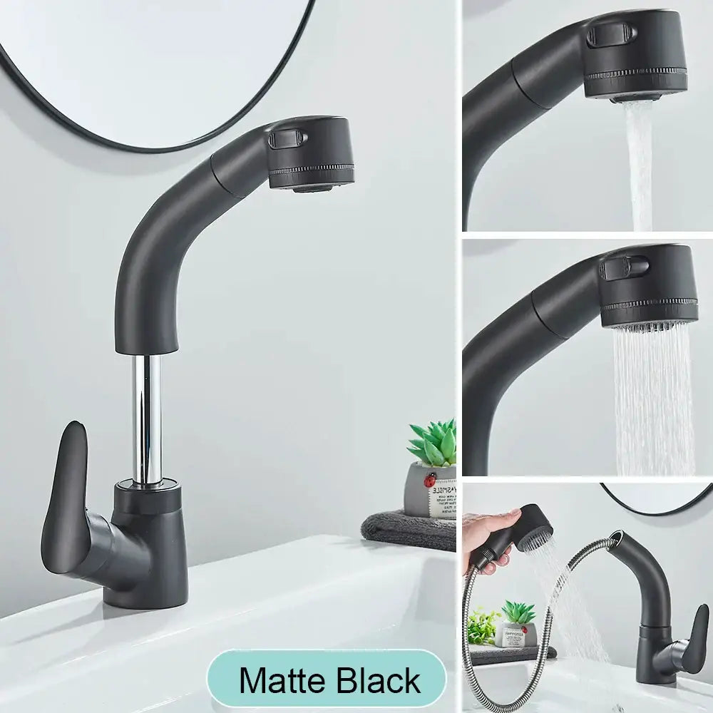Modern matte black basin faucet with chrome accents and flexible pull-out spray head for kitchen decorbites black basin