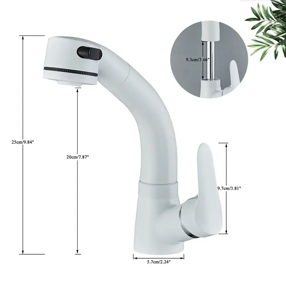 Modern matte black basin faucet with chrome accents featuring a white kitchen faucet with sleek curved spout and black accent pull-out head