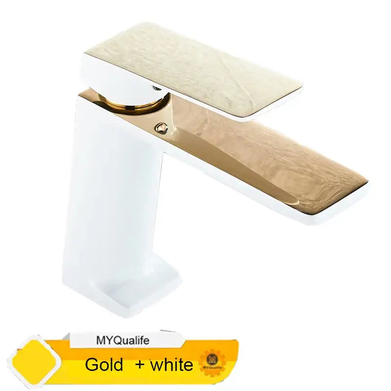 Modern matte black basin mixer tap with gold and white rectangular spout and handle in brushed metallic finish for decorbites black basin