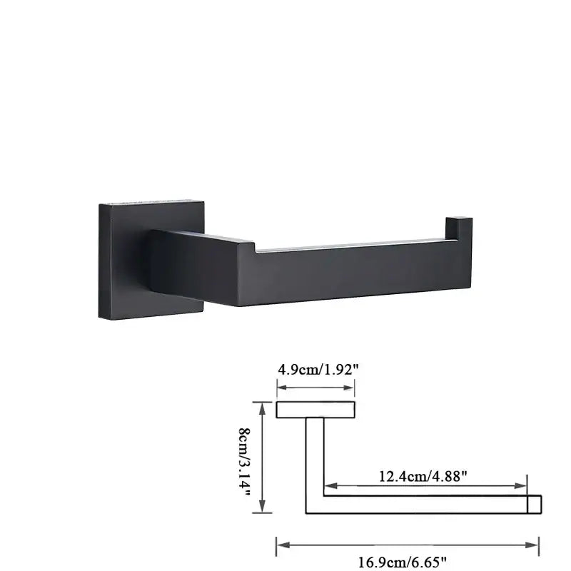 Black matte-finished metal toilet paper holder with sleek modern design in decorbites black bathroom accessories set