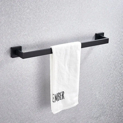 Modern matte black bathroom accessories set featuring a sleek black matte-finished metal towel rack for decorbites black bathroom