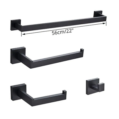 Black matte-finished metal towel rack set with square wall mounts from decorbites black bathroom accessories set