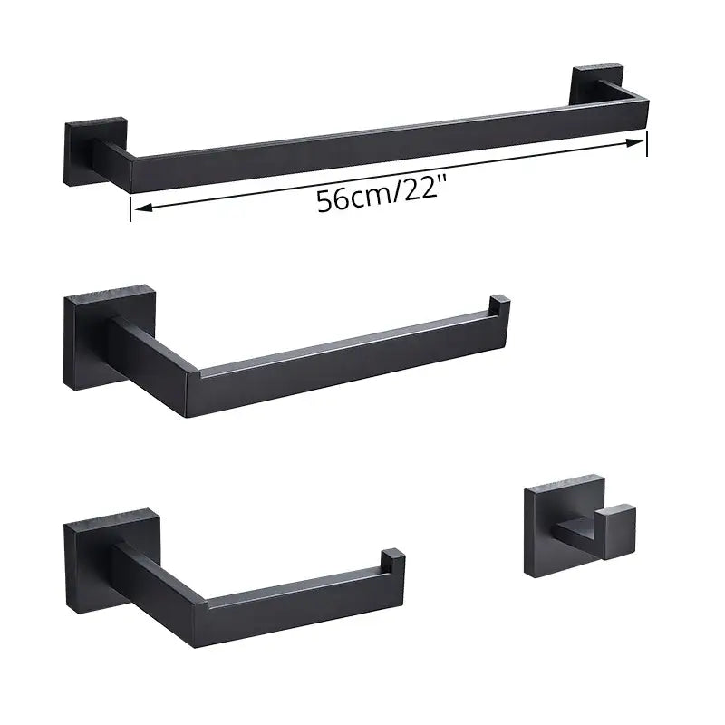 Black matte-finished metal towel rack set with square wall mounts from decorbites black bathroom accessories set