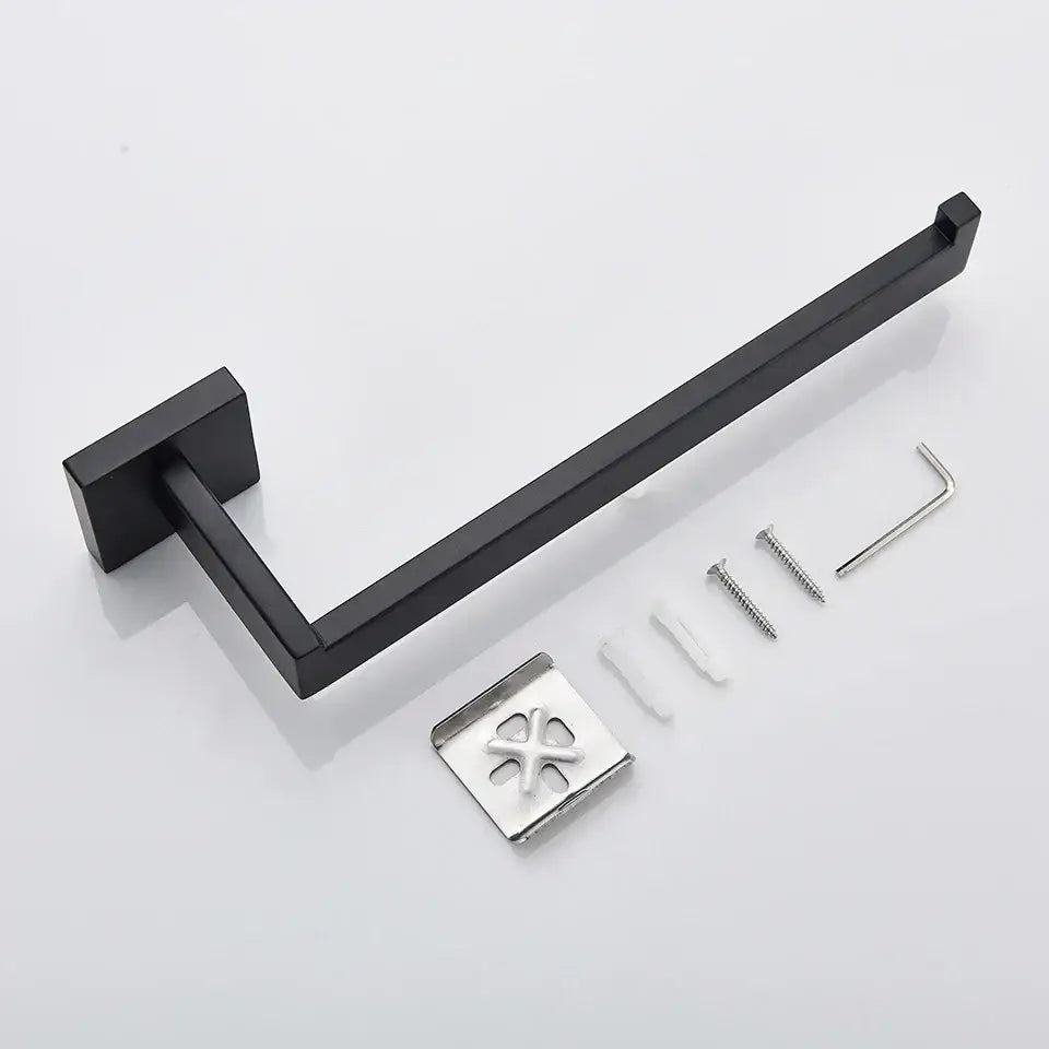 Modern matte black bathroom towel rack with black matte metal finish and square mounting plate for black bathroom accessories set