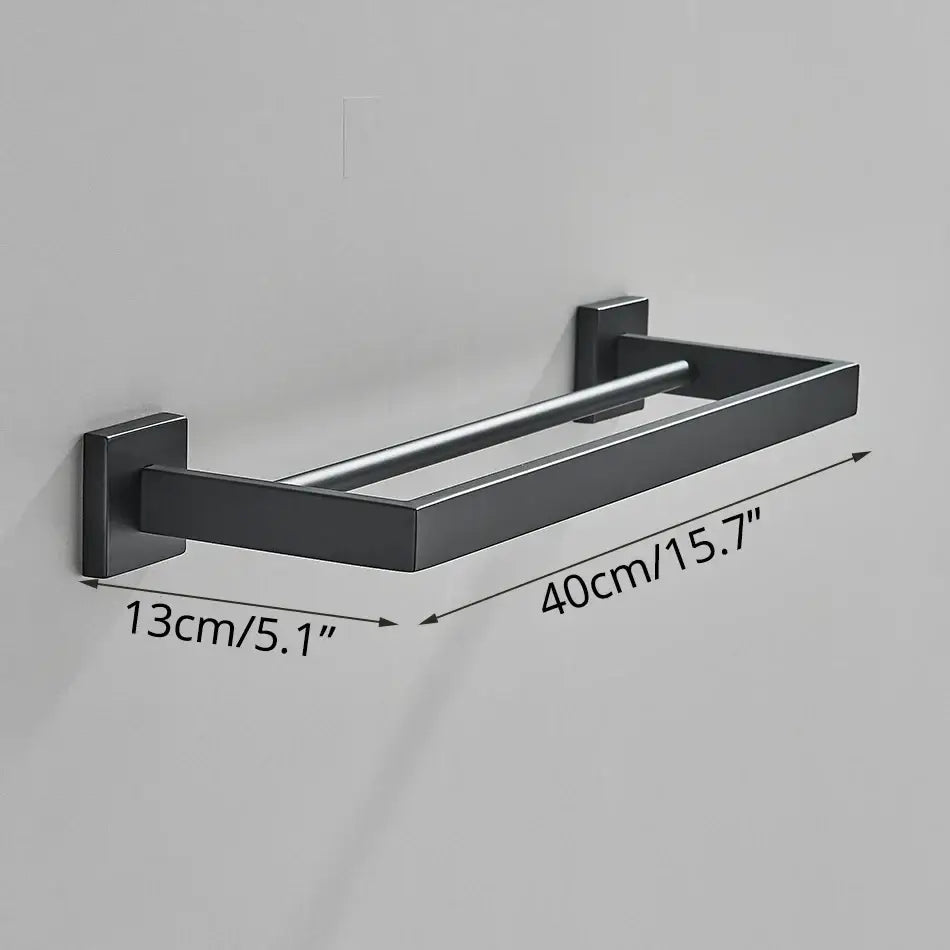 Modern matte black metal towel rack with sleek rectangular design and two bars in decorbites black bathroom accessories set