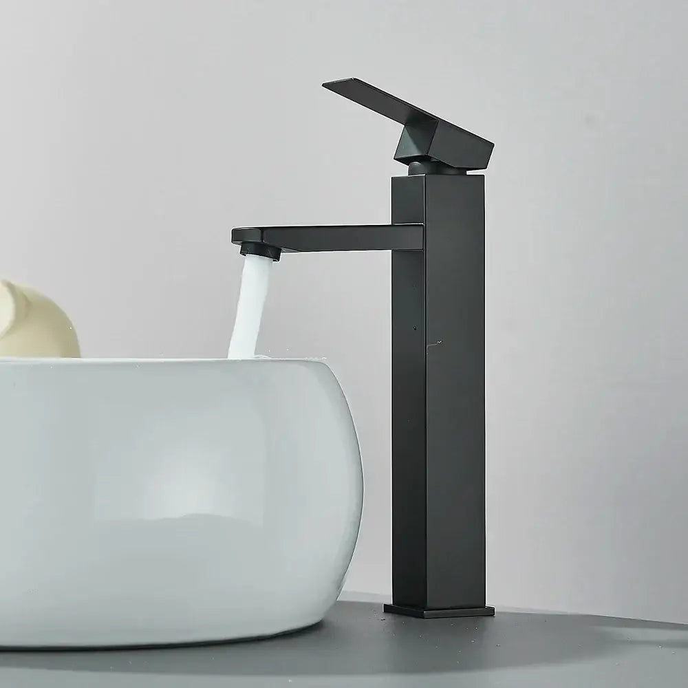 Modern matte black bathroom faucet set with angular design and sleek minimalist finish for bathroom faucet use