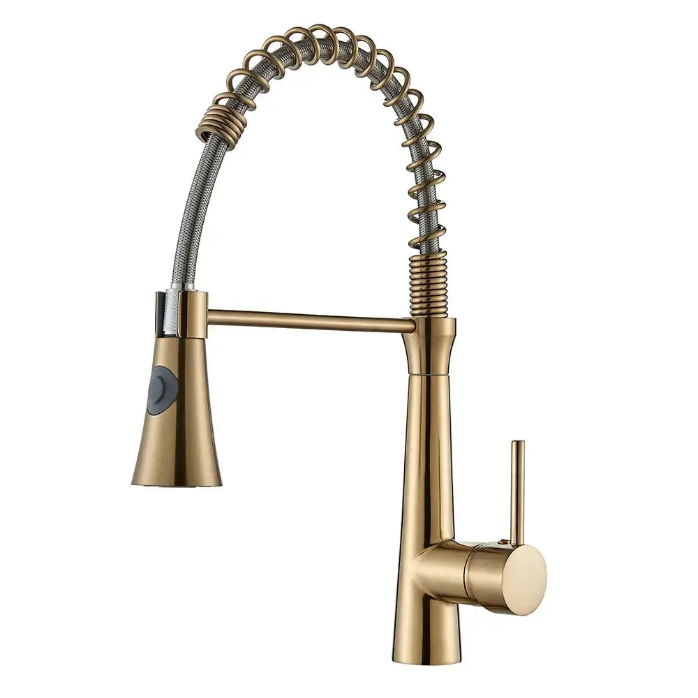 Modern matte black bathroom faucet set with brass-finished pull-down flexible coiled hose for sleek bathroom faucet use