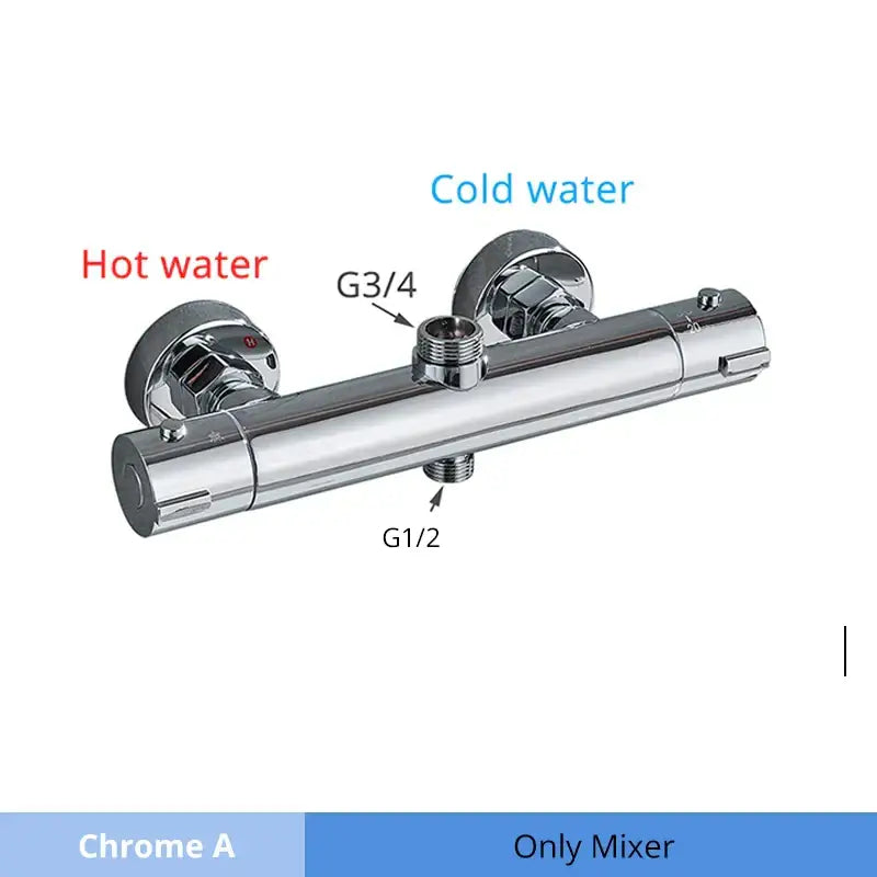 Chrome-finished wall-mounted shower mixer with dual hot and cold controls in modern matte black bathroom faucet set