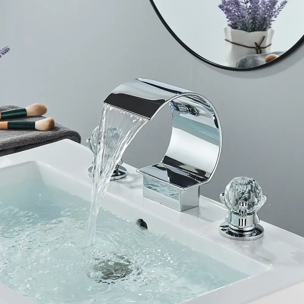Modern matte black bathroom faucet set with chrome finished waterfall faucet and crystal knob handles for sleek use