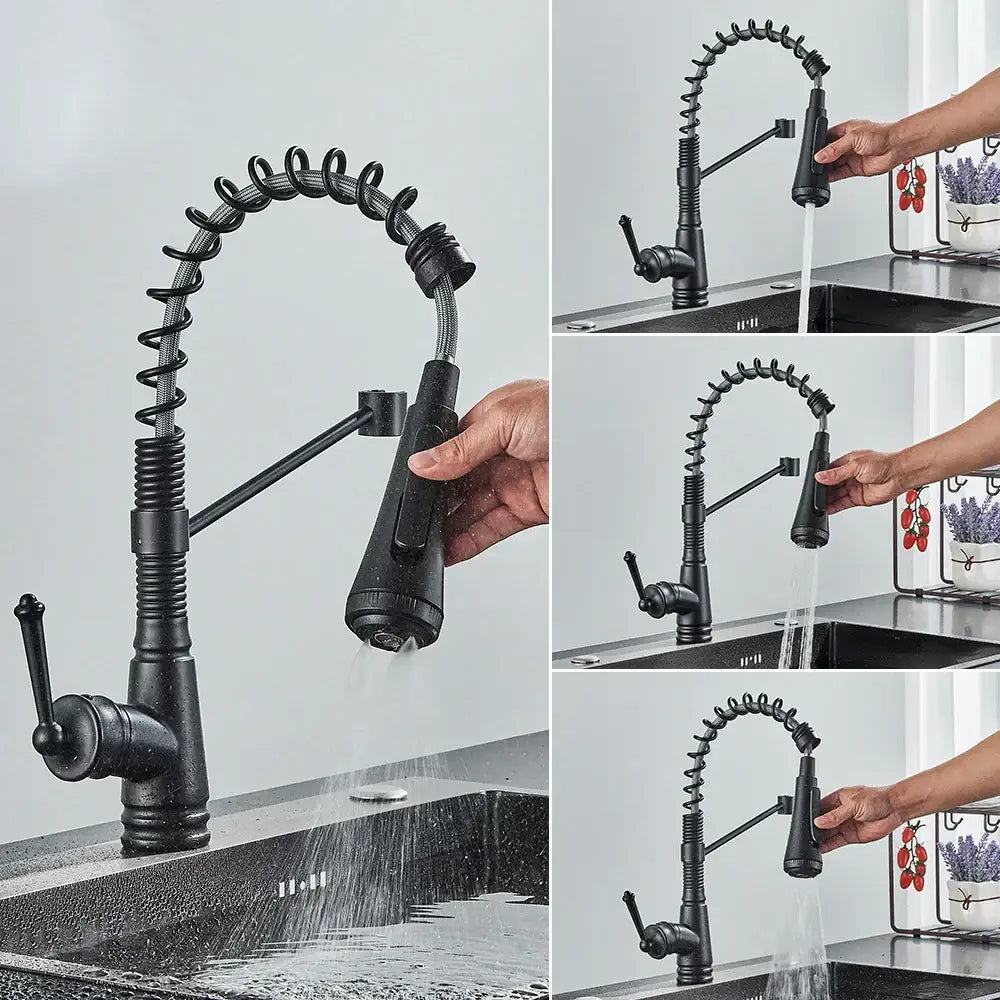 Modern matte black bathroom faucet set with a black matte finish, flexible coiled gooseneck spout, and pull-down spray head