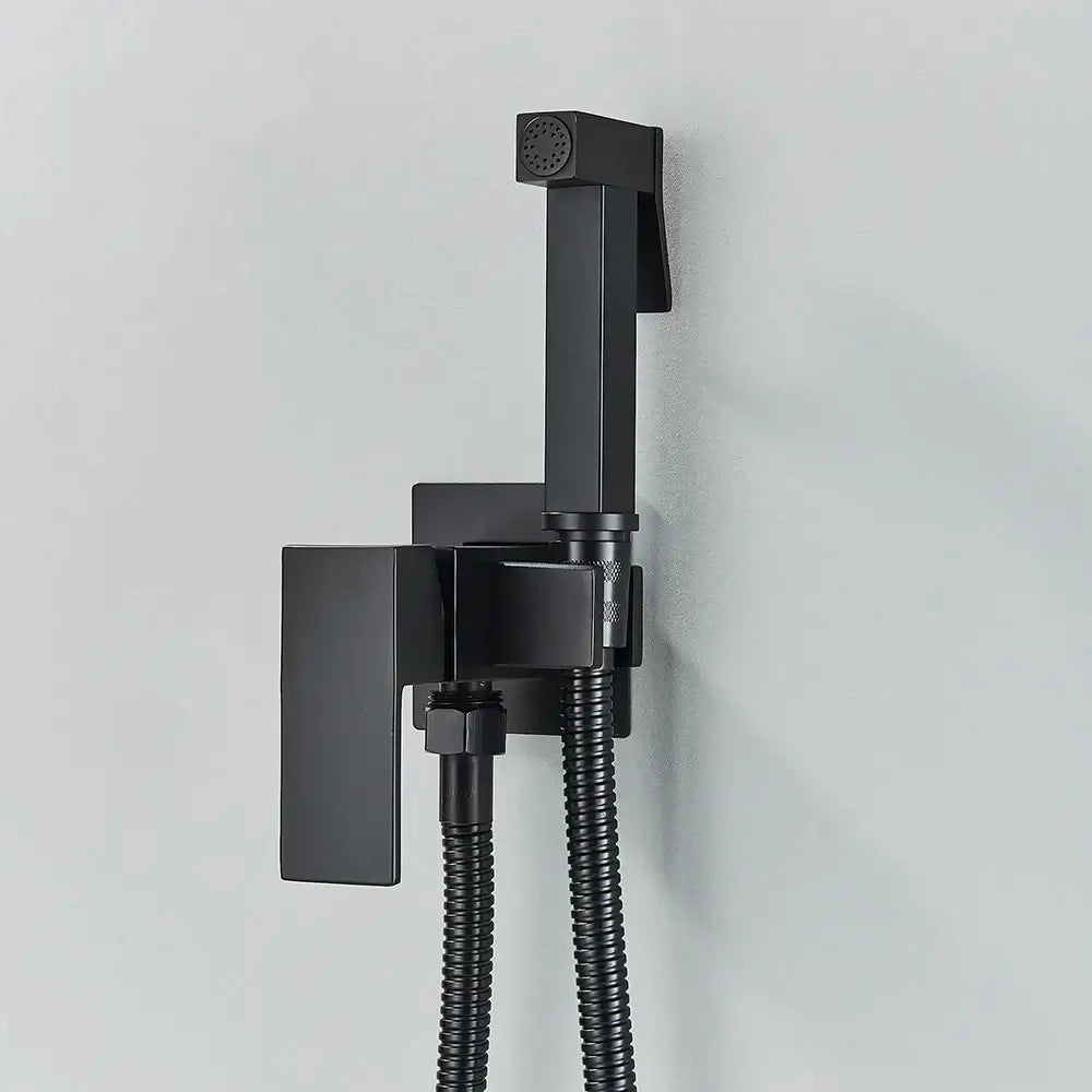 Modern matte black bathroom faucet set featuring a wall-mounted shower system with a rectangular handle and two hoses