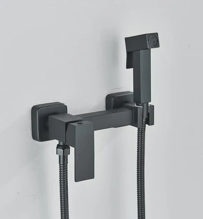 Modern matte black bathroom faucet set with square design and two flexible hoses for sleek bathroom faucet use
