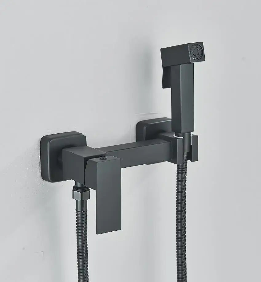 Modern matte black bathroom faucet set with square design and two flexible hoses for sleek bathroom faucet use