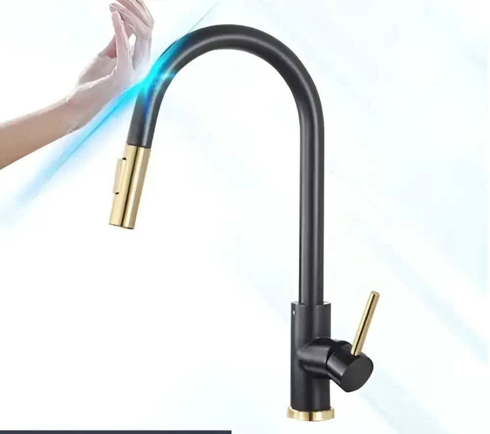 Modern matte black bathroom faucet set with sleek curved black and gold spout and pull-down spray head bathroom faucet set